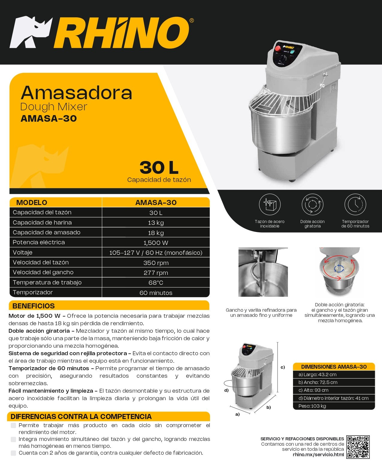 Amasadora Industrial Comercial 30 Litros Rhino AMASA-30 1,500W Doble acción giratoria