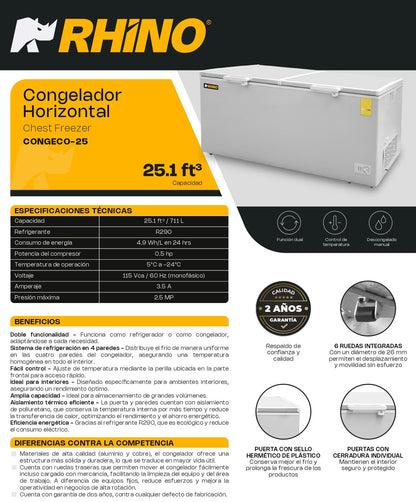 Congelador Horizontal Rhino Congeco25 Pies Temp Dual Gris