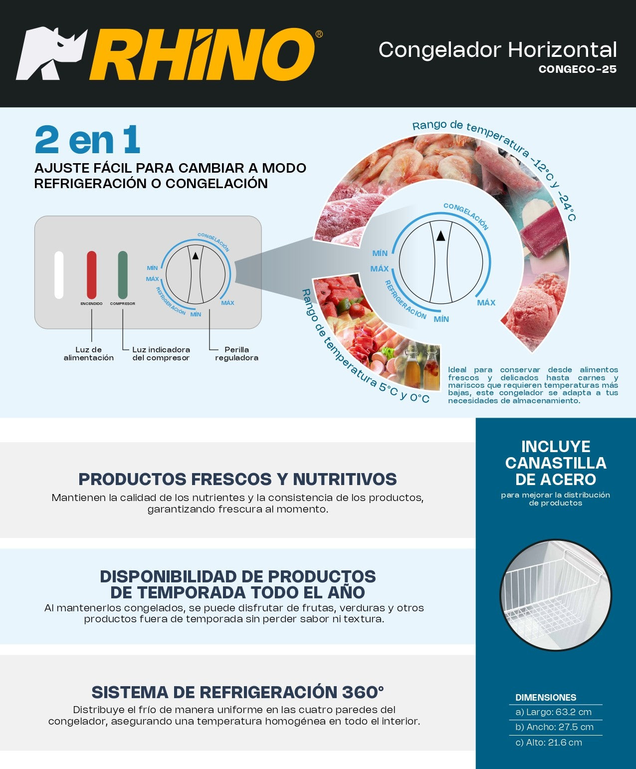 Congelador Horizontal Rhino Congeco25 Pies Temp Dual Gris