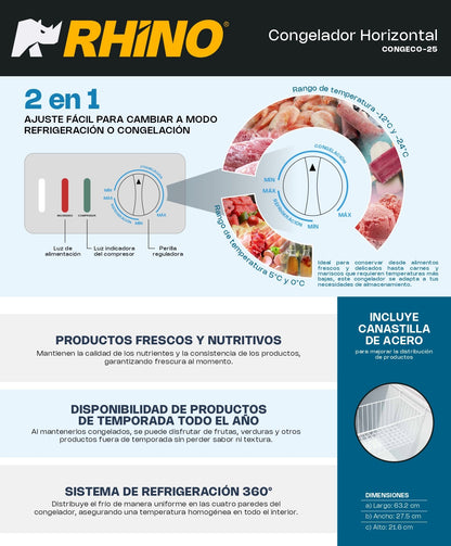 Congelador Horizontal Rhino Congeco25 Pies Temp Dual Gris