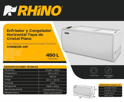 Congelador Horizontal Rhino 450L, Doble Función, Con Tapa De Cristal Y 3 Canastillas