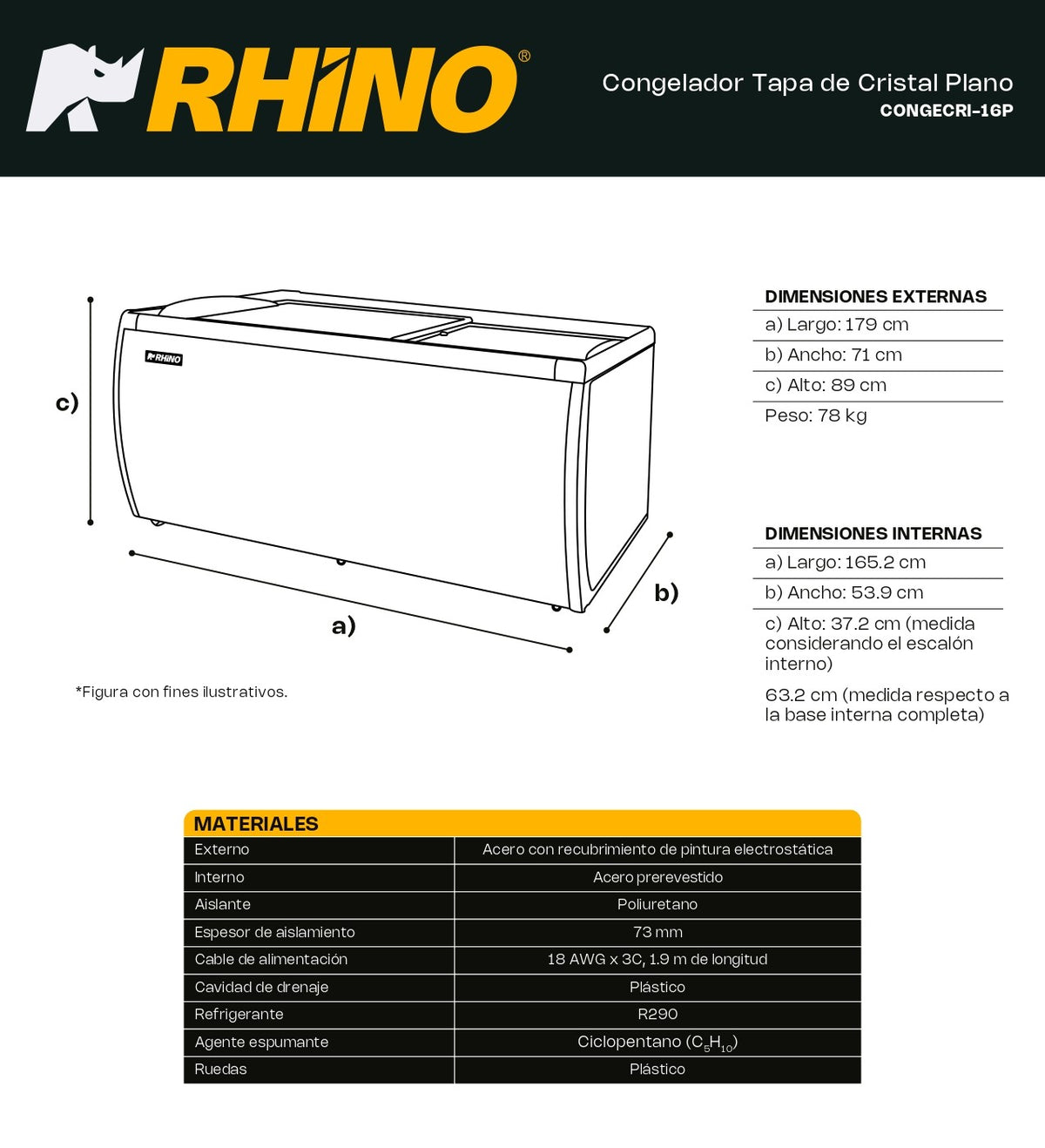 Congelador Horizontal Rhino 450L, Doble Función, Con Tapa De Cristal Y 3 Canastillas