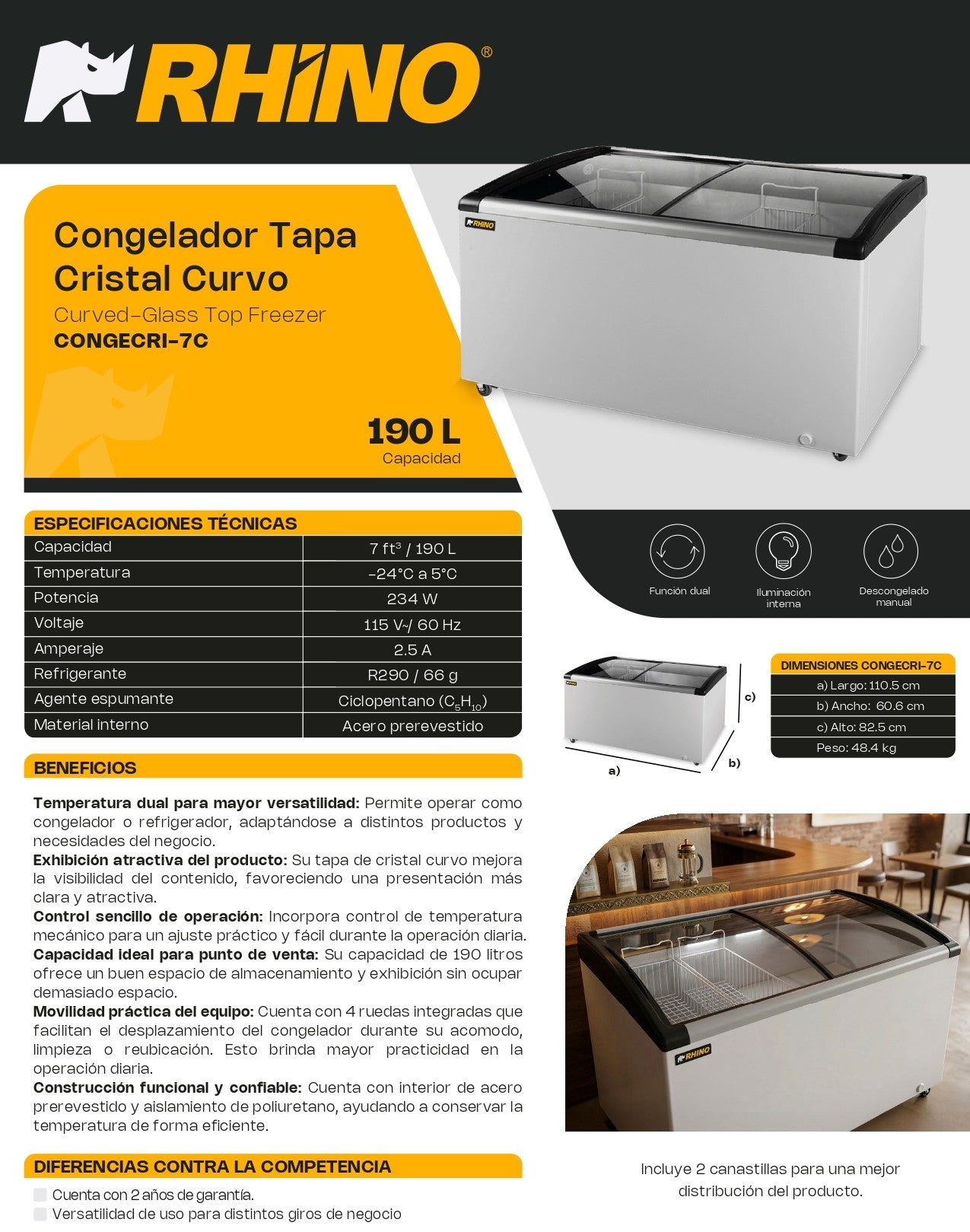 Rhino Congelador Paletero Comercial puerta cristal curvo Congecri-7c 7ft3 Rango temperatura -24°C a 5°C 127V R290