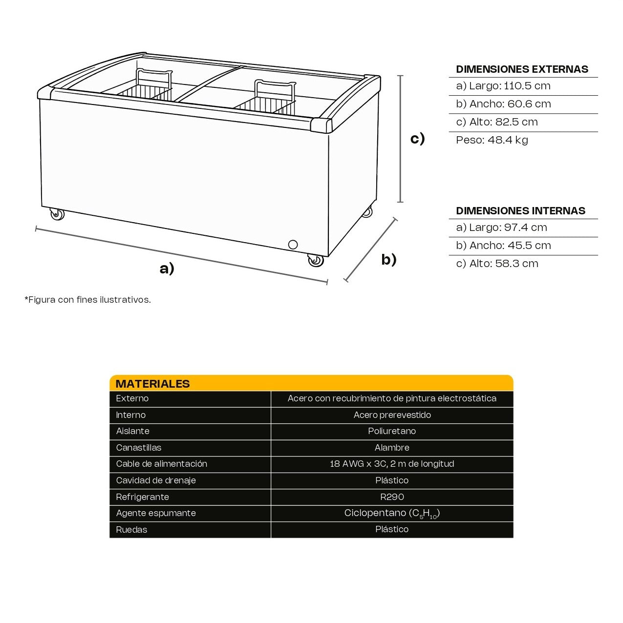 Rhino Congelador Paletero Comercial puerta cristal curvo Congecri-7c 7ft3 Rango temperatura -24°C a 5°C 127V R290