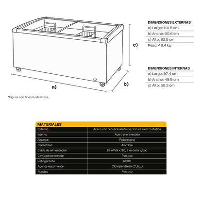 Rhino Congelador Paletero Comercial puerta cristal curvo Congecri-7c 7ft3 Rango temperatura -24°C a 5°C 127V R290