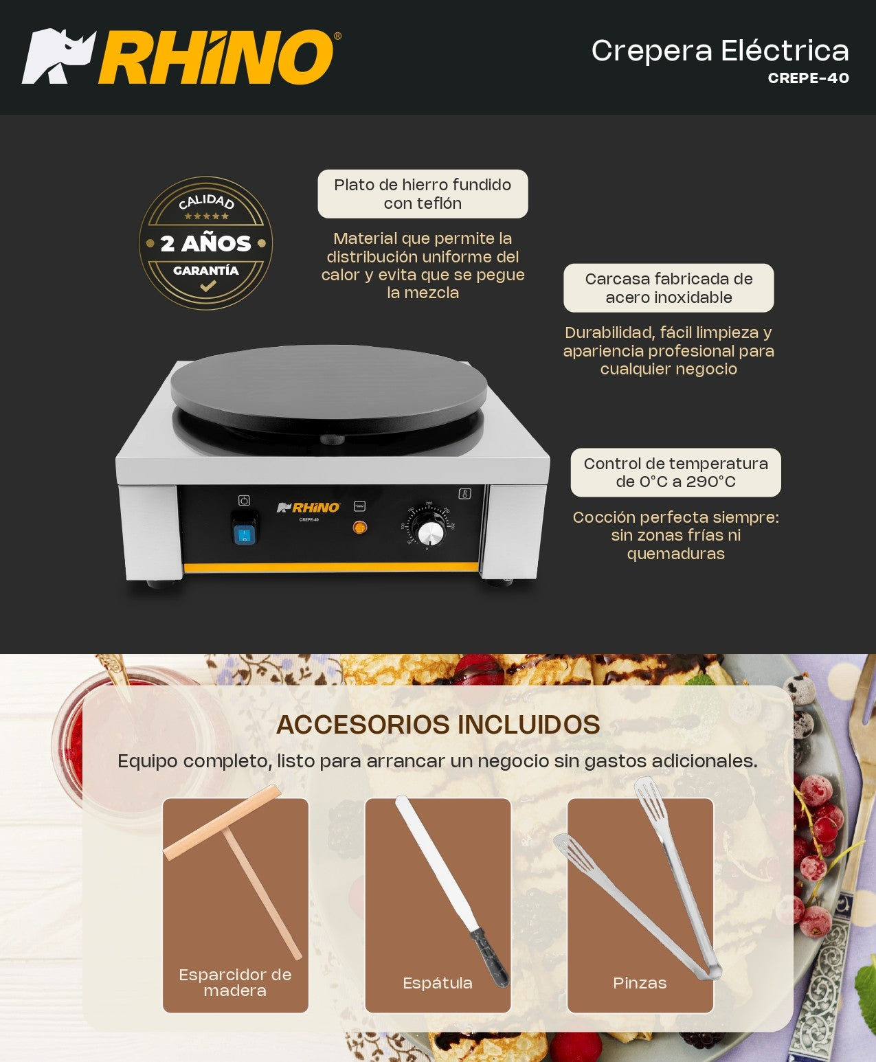 Crepera Eléctrica Rhino 2000w Con Teflón Antiadherente 40cm