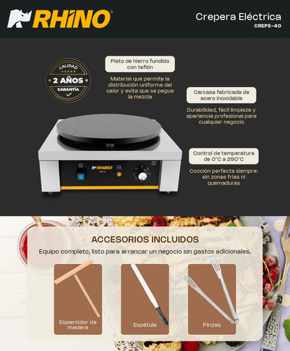 Crepera Eléctrica Rhino 2000w Con Teflón Antiadherente 40cm
