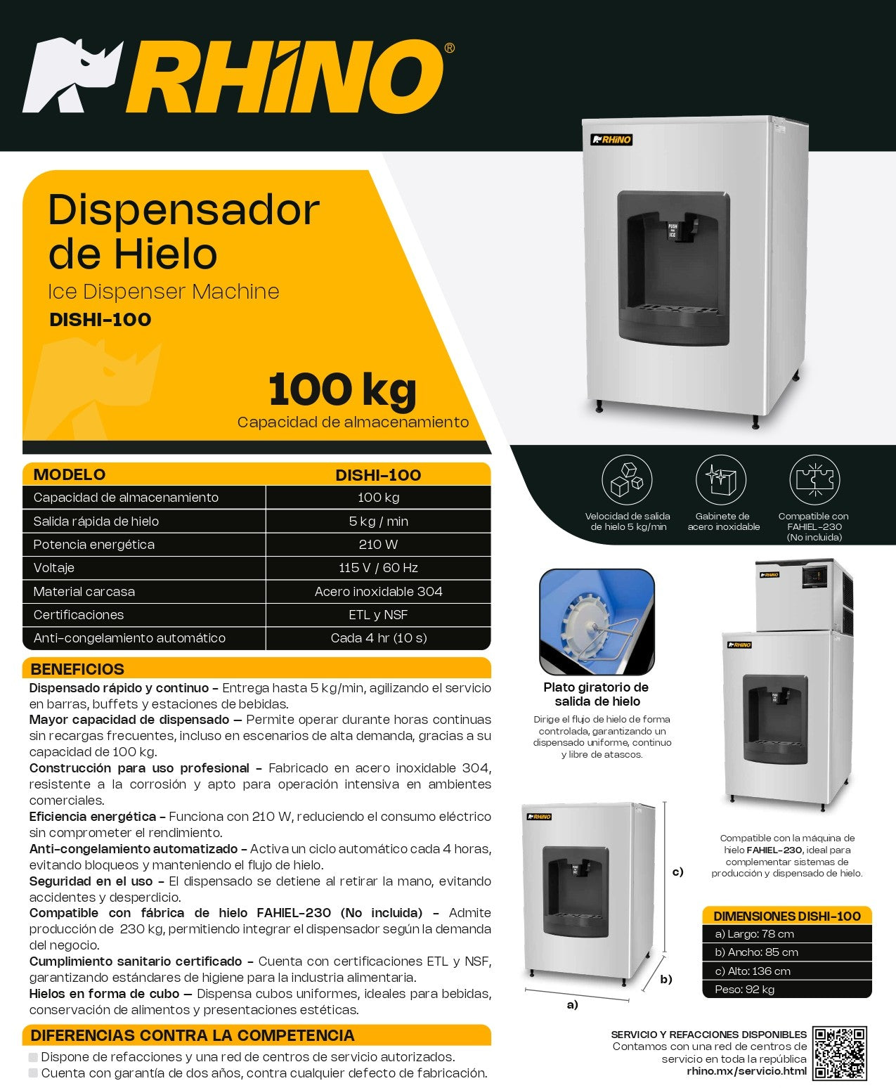 Dispensador De Hielo Comercial Rhino Capacidad de DISHI100Kg Salida Rápida 5 Kg/min