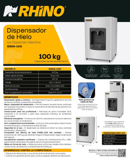 Dispensador De Hielo Comercial Rhino Capacidad de DISHI100Kg Salida Rápida 5 Kg/min