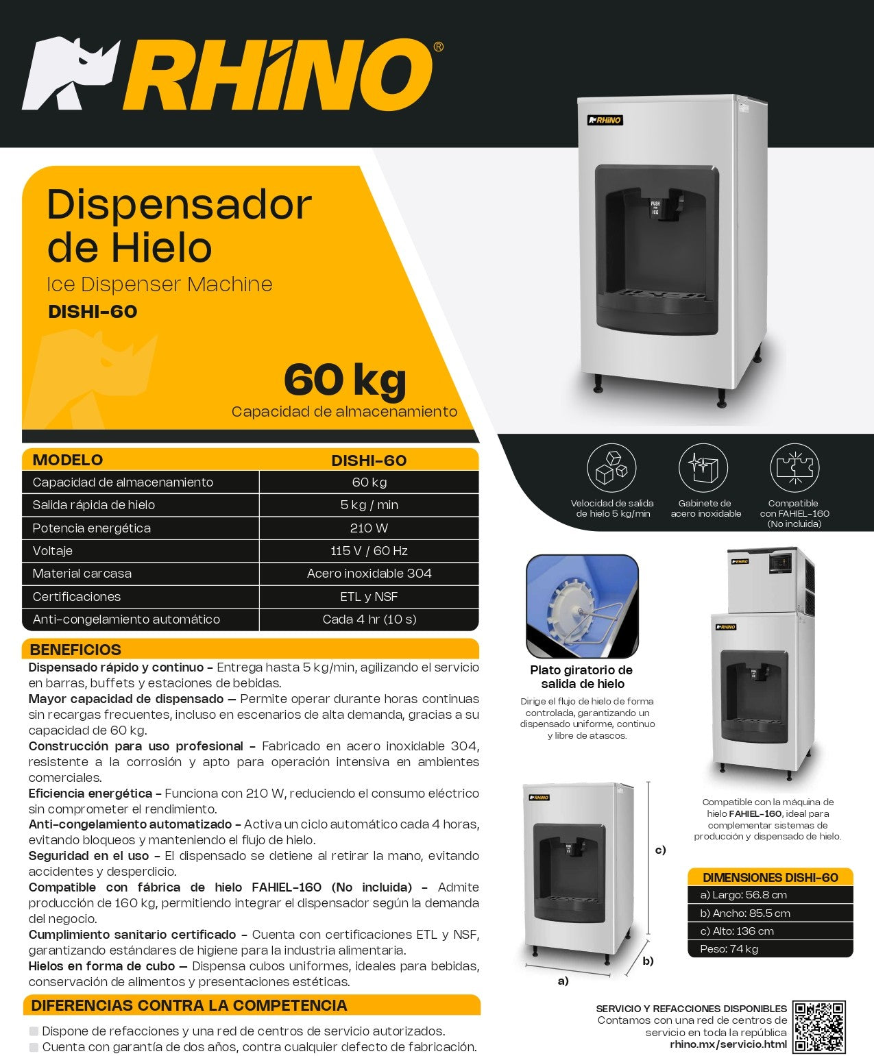 Dispensador De Hielo Comercial Rhino Capacidad de DISHI60Kg Salida Rápida 5 Kg/min