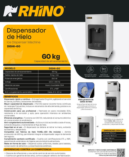 Dispensador De Hielo Comercial Rhino Capacidad de DISHI60Kg Salida Rápida 5 Kg/min