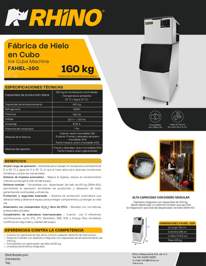 Fábrica De Hielo En Cubo Rhino Fahiel-160 Capacidad de Producción 160Kg Depósito de 140Kg