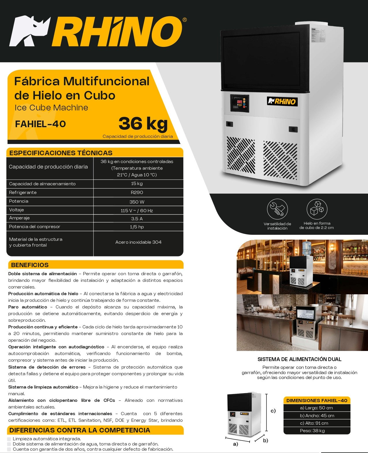 Fábrica Multifuncional De Hielo En Cubo Rhino Fahiel-40 36kg/día