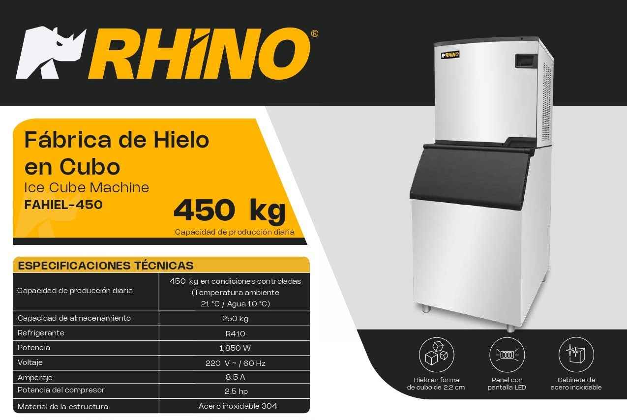 Fábrica De Hielo En Cubo Rhino Fahiel-450 Capacidad de Producción 450Kg Depósito de 250Kg