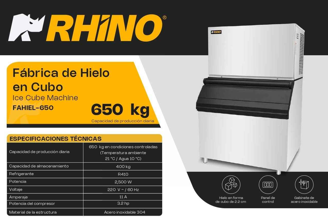 Fábrica De Hielo En Cubo Rhino Fahiel-650 Capacidad de Producción 650Kg Depósito de 400 Kg