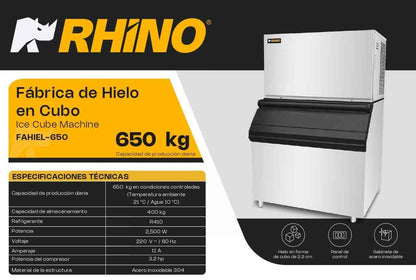 Fábrica De Hielo En Cubo Rhino Fahiel-650 Capacidad de Producción 650Kg Depósito de 400 Kg
