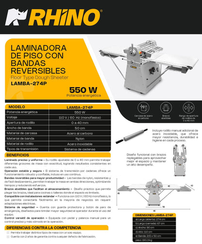 Laminadora De Masa En Piso Con Bandas Reversibles Rhino LAMBA-274P 550w Apertura de 0 a 40 mm