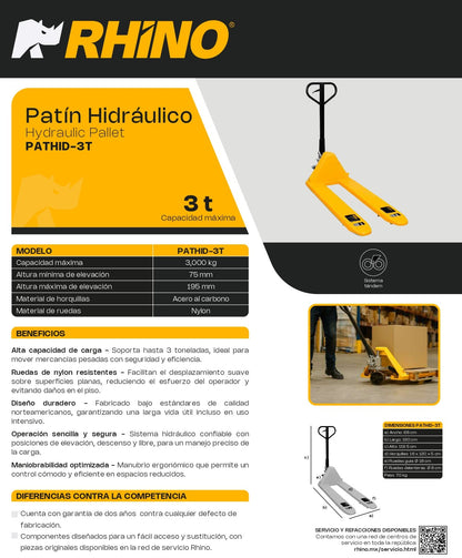 Patín Hidráulico Rhino Pathid-3t Capacidad 3 Toneladas Amarillo