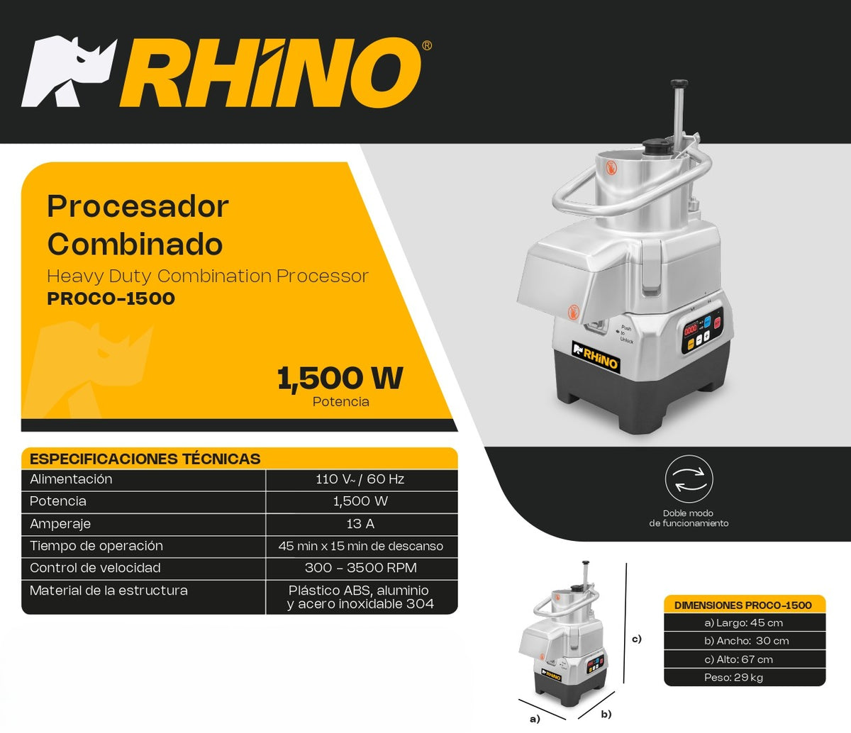 Procesador De Alimentos Rhino Proco-1500 Con 1500 W Y 5 Discos Para Picar, Rallar, Rebanar y Triturar