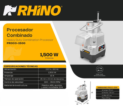 Procesador De Alimentos Rhino Proco-1500 Con 1500 W Y 5 Discos Para Picar, Rallar, Rebanar y Triturar