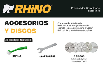 Procesador De Alimentos Rhino Proco-1500 Con 1500 W Y 5 Discos Para Picar, Rallar, Rebanar y Triturar