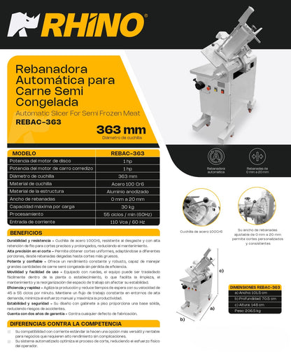 Rebanadora Automática Rhino Rebac363 Carnicera Semicongelada