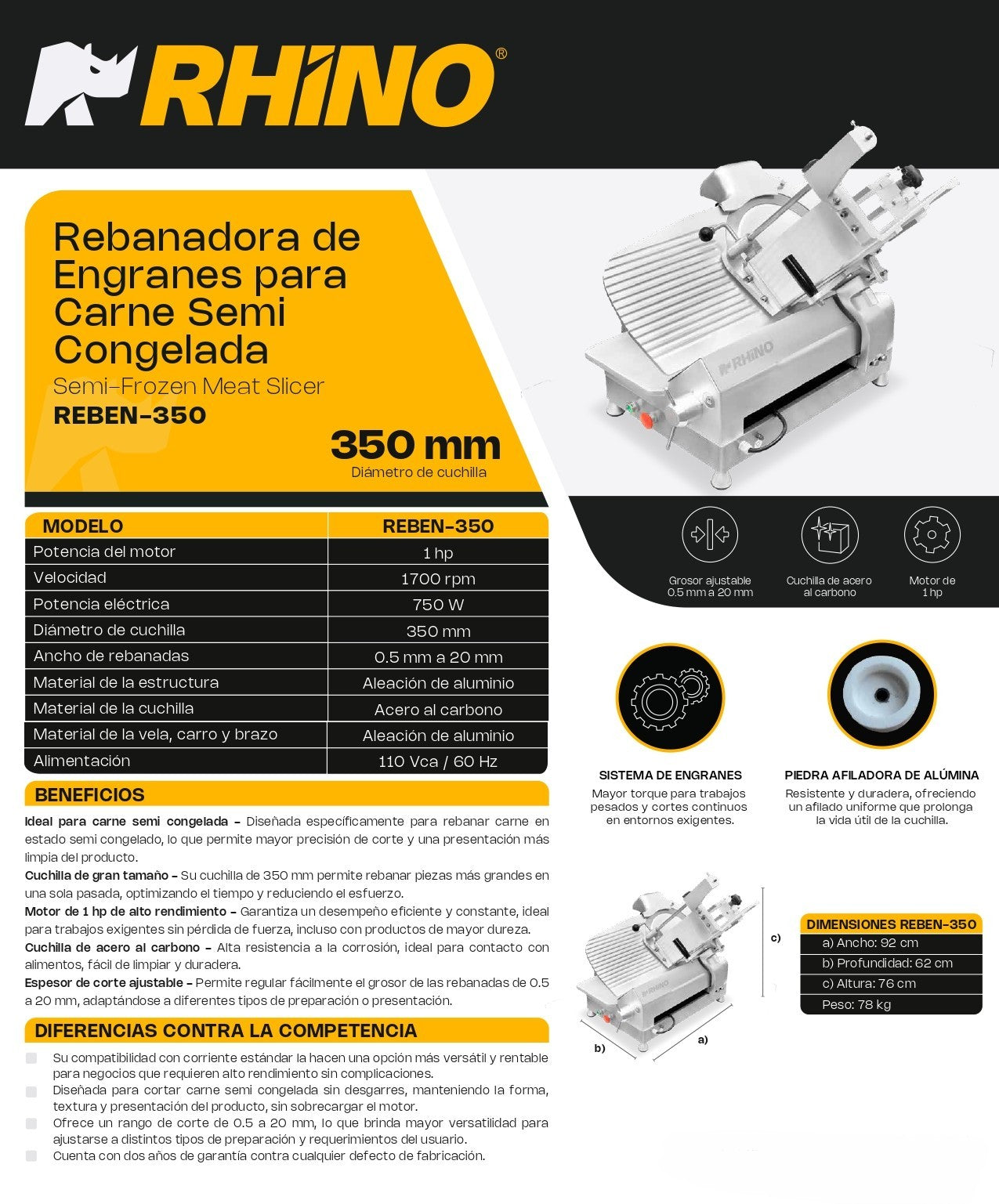 Rebanadora de Engranes para Carne Semi Congelada Rhino Reben-350 1HP 350mm
