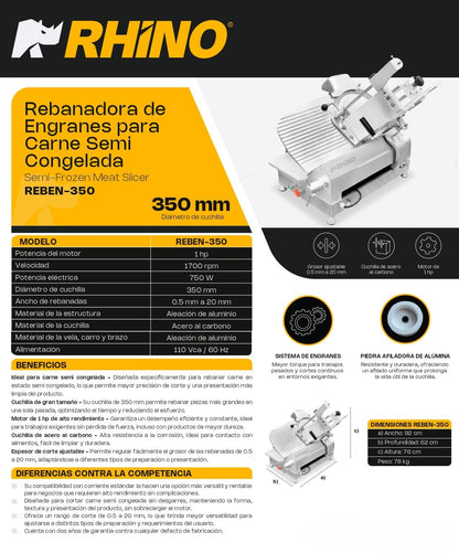 Rebanadora de Engranes para Carne Semi Congelada Rhino Reben-350 1HP 350mm