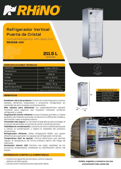 Refrigerador Exhibidor Rhino REVEAB-13C Capacidad 211.5 L  13ft³