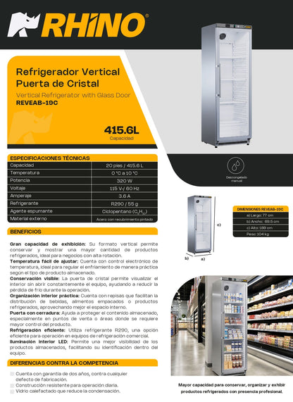Refrigerador Exhibidor Rhino REVEAB-19C Capacidad 415.6 L  20ft³