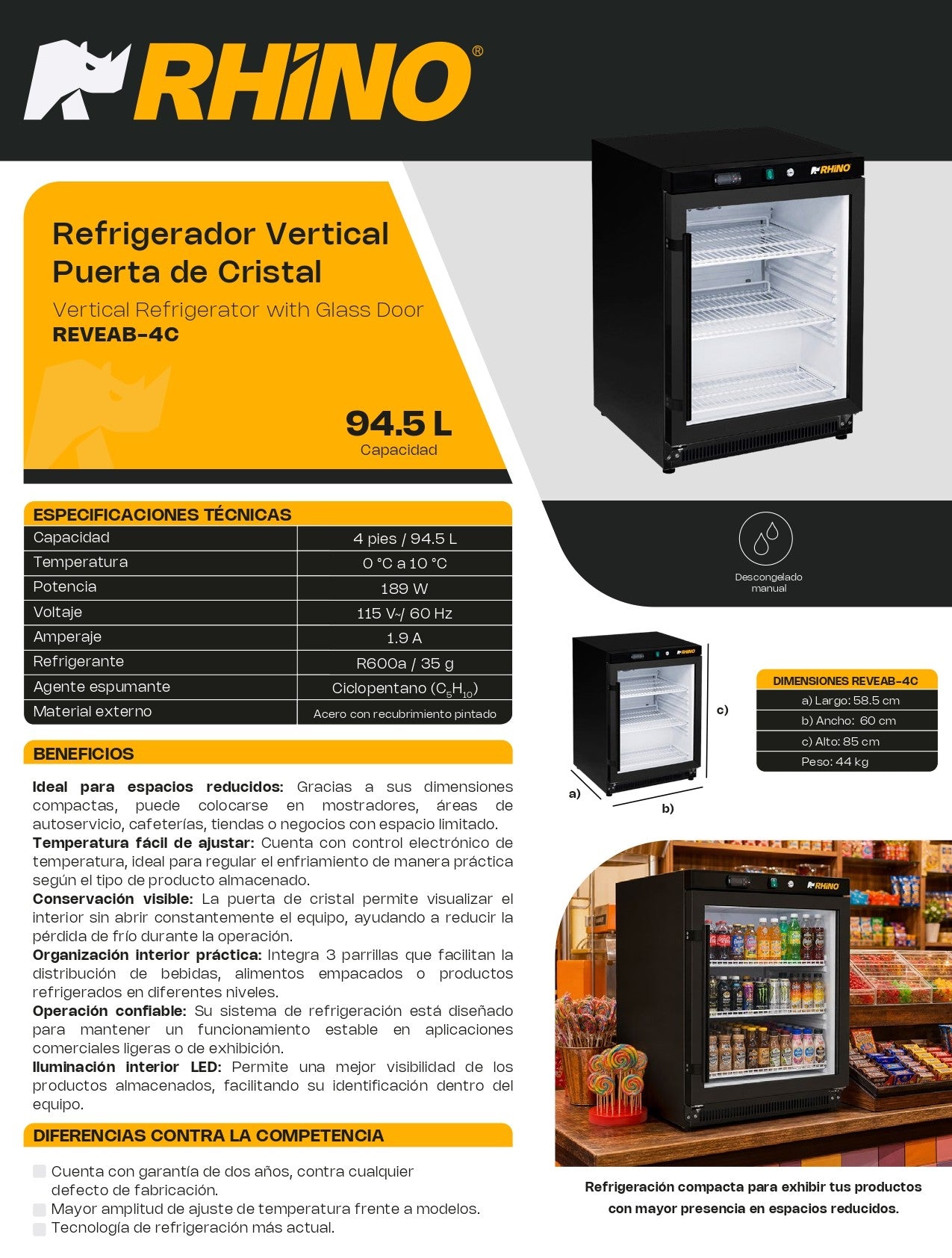 Refrigerador Comercial Vertical Rhino Puerta de Cristal REVEAB-4C  4ft³