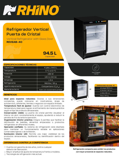 Refrigerador Comercial Vertical Rhino Puerta de Cristal REVEAB-4C  4ft³