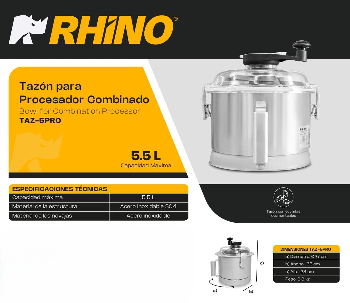 Tazón Para Procesador Combinado Taz-5pro Rhino 5.5L