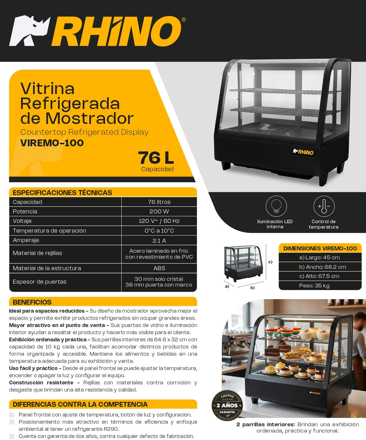 Rhino Vitrina Refrigerada De Mostrador Viremo100 76L  rango temperatura 0°C A 10°C 120V