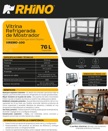 Rhino Vitrina Refrigerada De Mostrador Viremo100 76L  rango temperatura 0°C A 10°C 120V