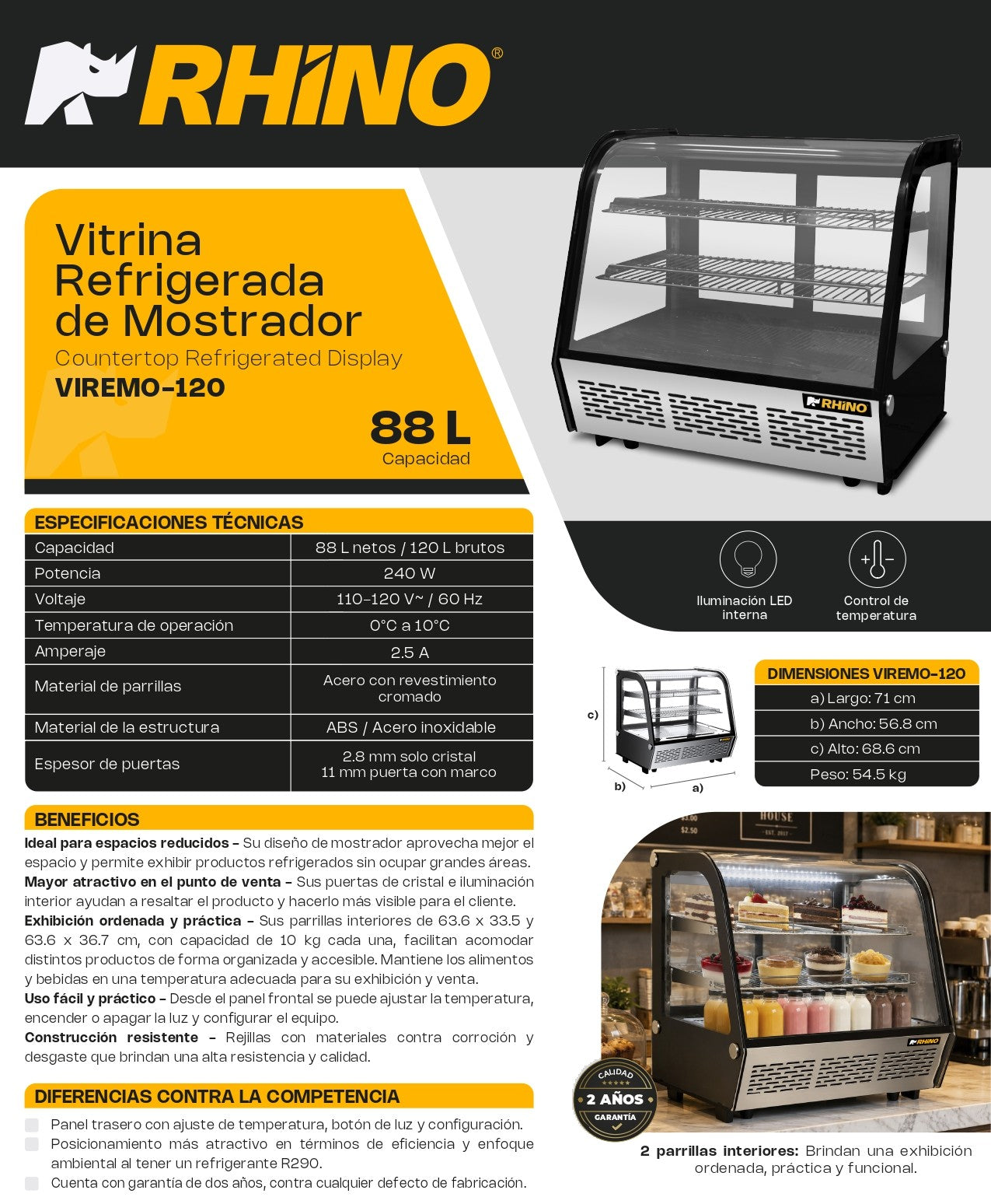 Rhino Vitrina Refrigerada De Mostrador Viremo120 88L  rango temperatura 0°C A 10°C 120V