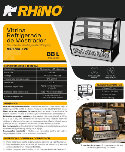 Rhino Vitrina Refrigerada De Mostrador Viremo120 88L  rango temperatura 0°C A 10°C 120V