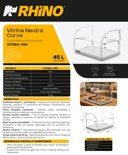 Vitrina Neutra Curva De Mostrador Rhino VITNEU-45C 45L Vidrio Templado