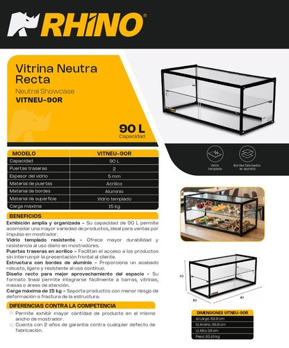 Vitrina Neutra Recta De Mostrador Rhino VITNEU-90R  Vidrio Templado 90L