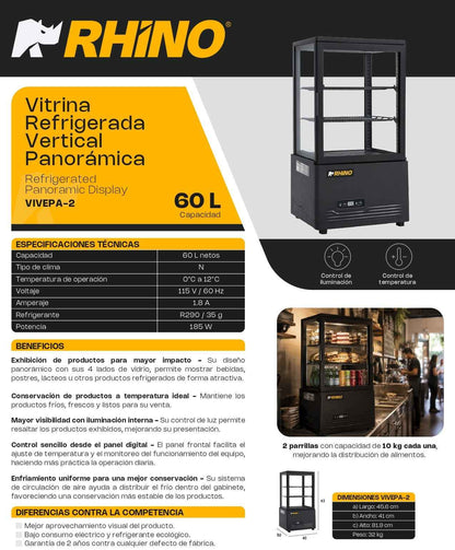 Vitrina Refrigerada Vertical Panorámica Rhino VIVEPA-2 60L 0°C a 12°C