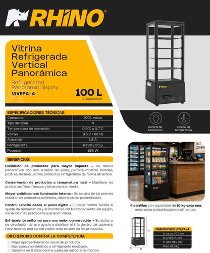 Vitrina Refrigerada Vertical Panorámica Rhino VIVEPA-4 100L 0.9°C a 9.7°C