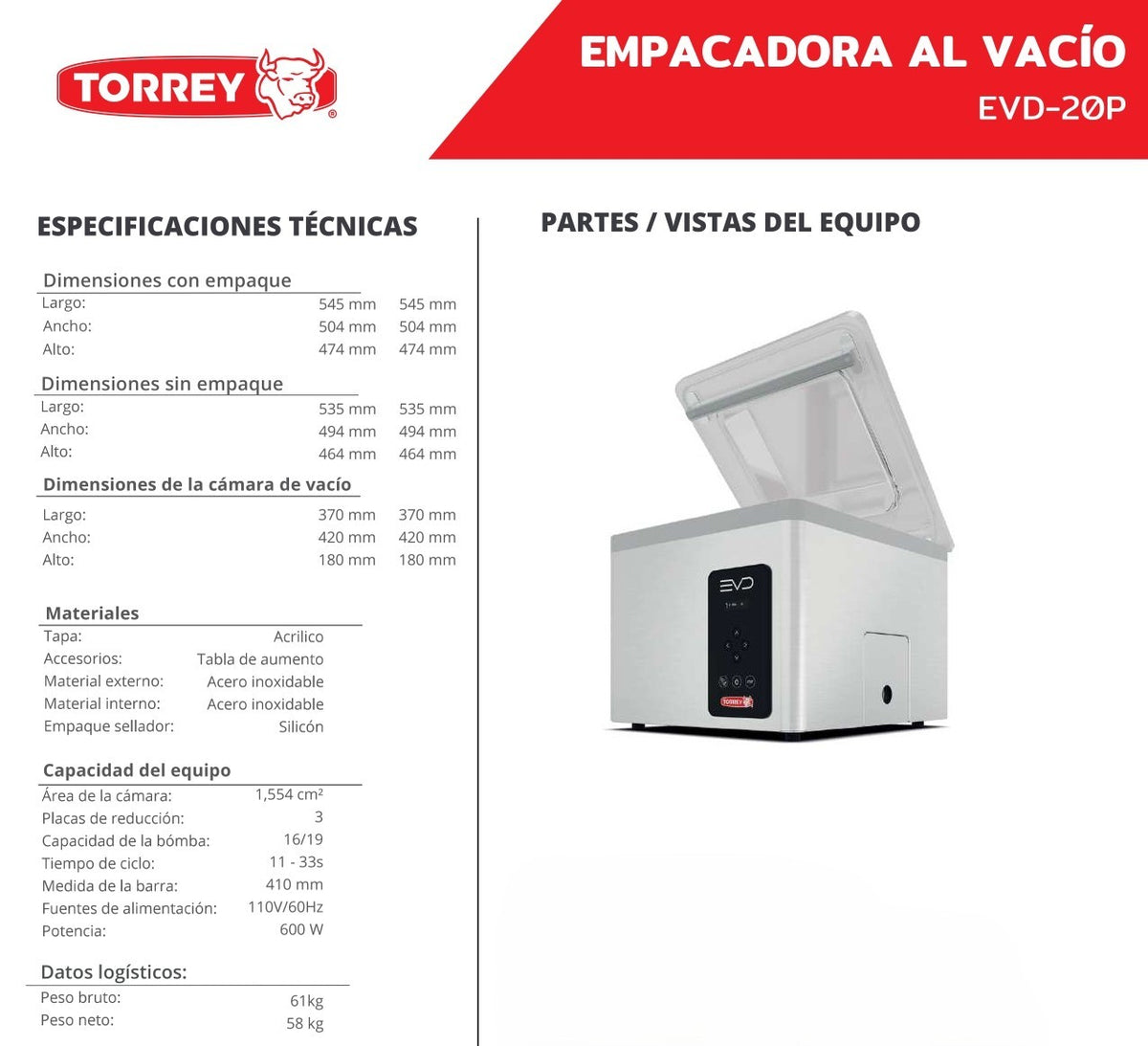 Torrey Empacadora Al Vacio EVD-20P 3 Programas Acero Inoxidable