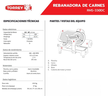Rebanadora De Carne Torrey RMS-330DC Cuchilla 330mm Acero Inoxidable