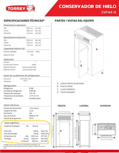Conservador De Bolsas Hielo Torrey 100 Bolsas de 5 kg 42ft SVF44-I1