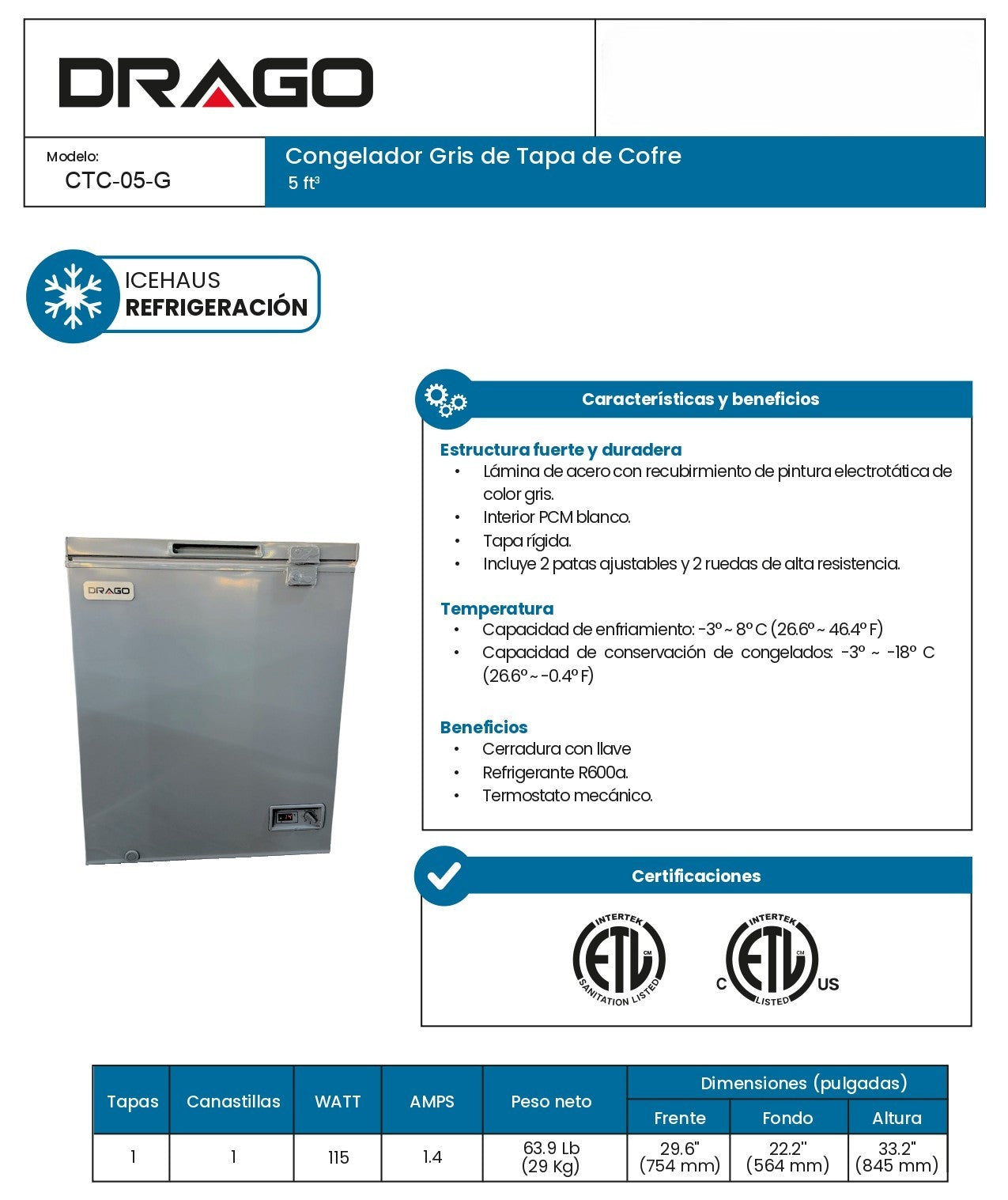 Congelador Horizontal Tapa Cofre 5 Pies Drago/icehaus CTC05G