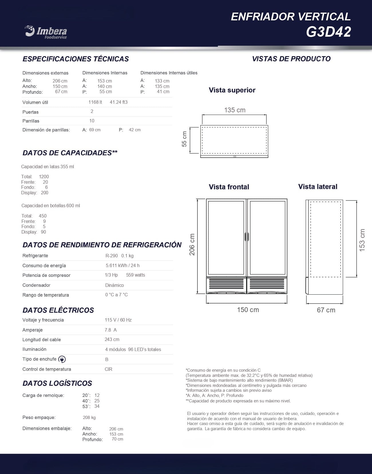 Refrigerador Comercial Imbera 41pies G3D42 0°C A 7°C Blanco