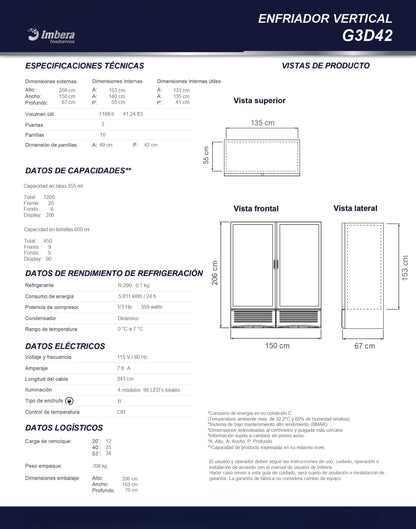 Refrigerador Comercial Imbera 41pies G3D42 0°C A 7°C Blanco