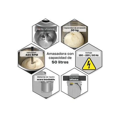 Amasadora Comercial Rhino Amasa50 Capacidad de 50 L o 30 kg de masa preparada