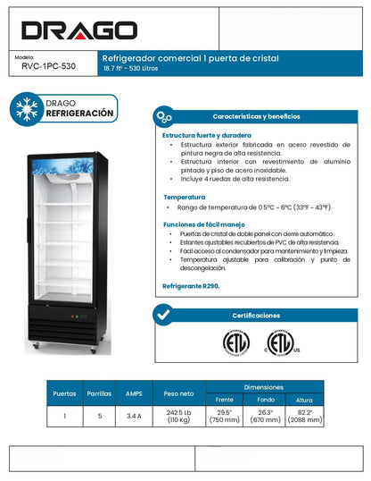 Refrigerador Comercial Vertical Drago 18.7 Pies Rvc-1pc-530 Negro