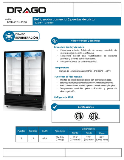 Refrigerador Comercial Vertical Drago 39.6 Pies Rvc-2pc-1123 Negro